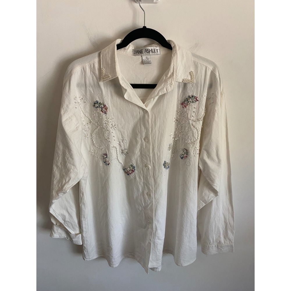 Jane Ashley Vintage White Cotton Embroidered Button Down Shirt Large